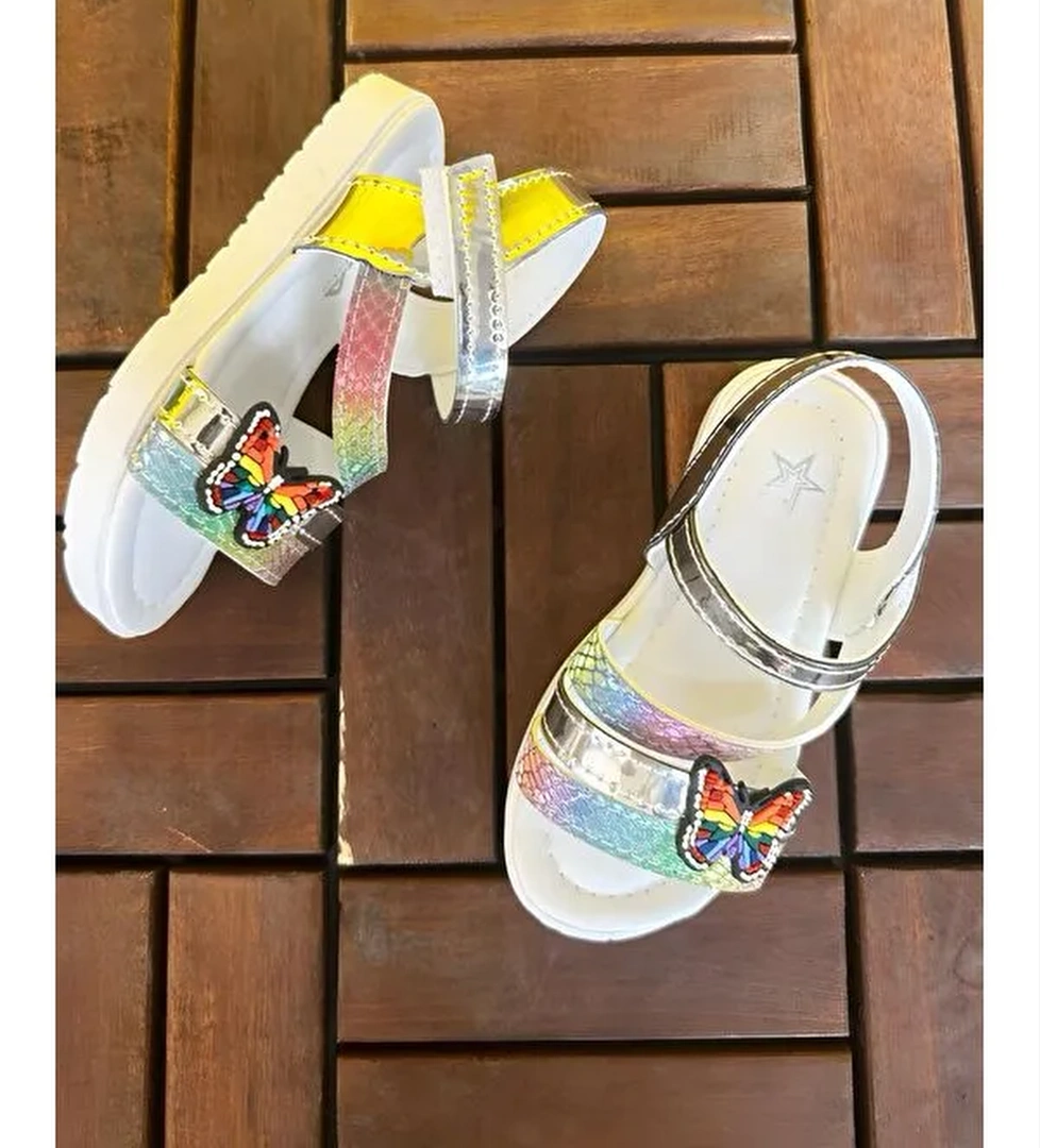 Momos Kelebek Figürlü Hologram Desenli Kız Çocuk Sandalet - Görsel 1