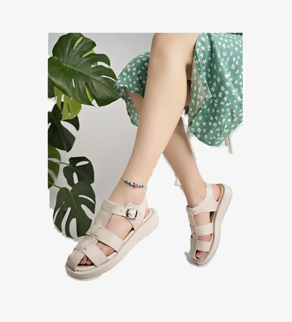 DOSSİ Dolgu Topuklu Bilekten Bağlamalı Tokalı Kadın Sandalet - Görsel 1