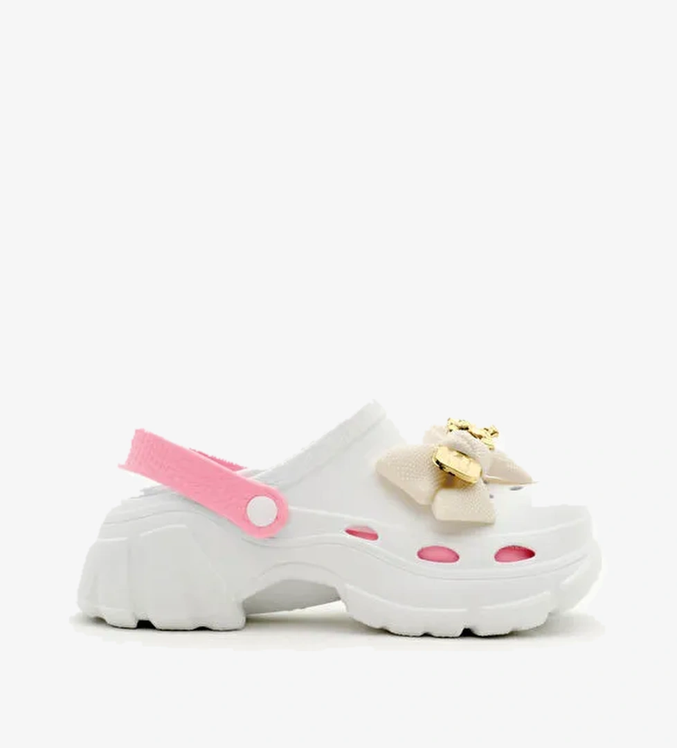 Kadın Beyaz Pembe Çıkartılabilir Taban Fiyonk Tokalı Yüksek Taban Eva Sandalet - Görsel 1