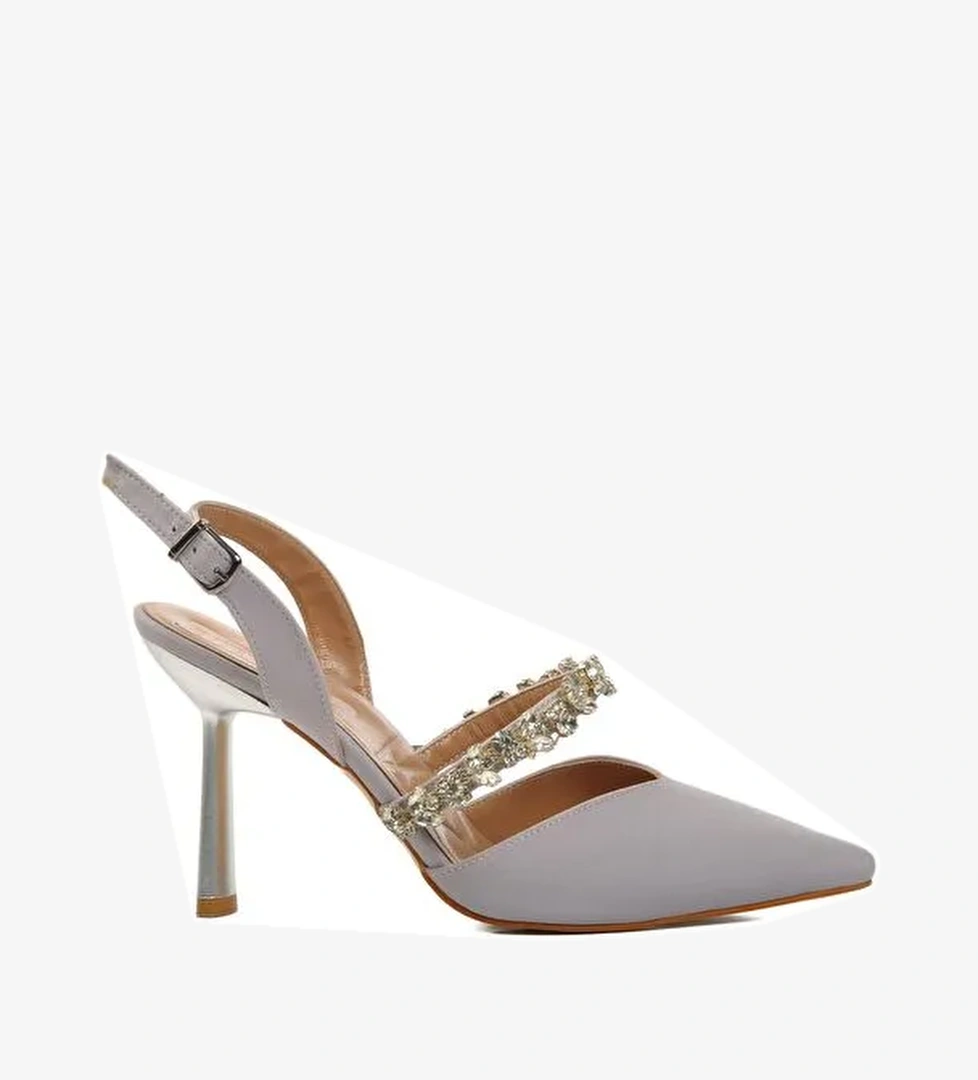 Gümüş Saten İnce Topuk Taşlı Kadın Taşlı Abiye Ayakkabı 544012