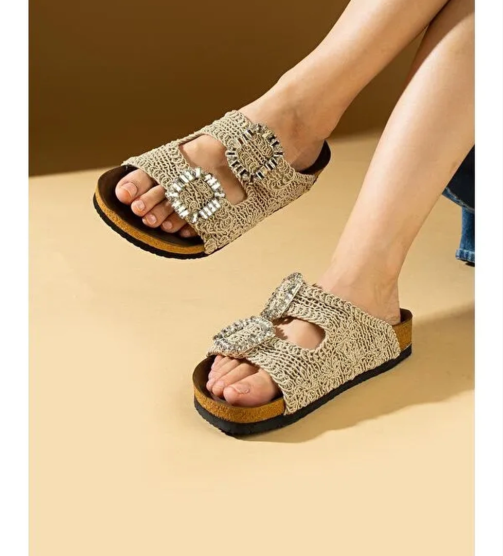 Çift Toka Taş Detaylı Dantel Kumaş Comfort Kadın Terlik - Görsel 1