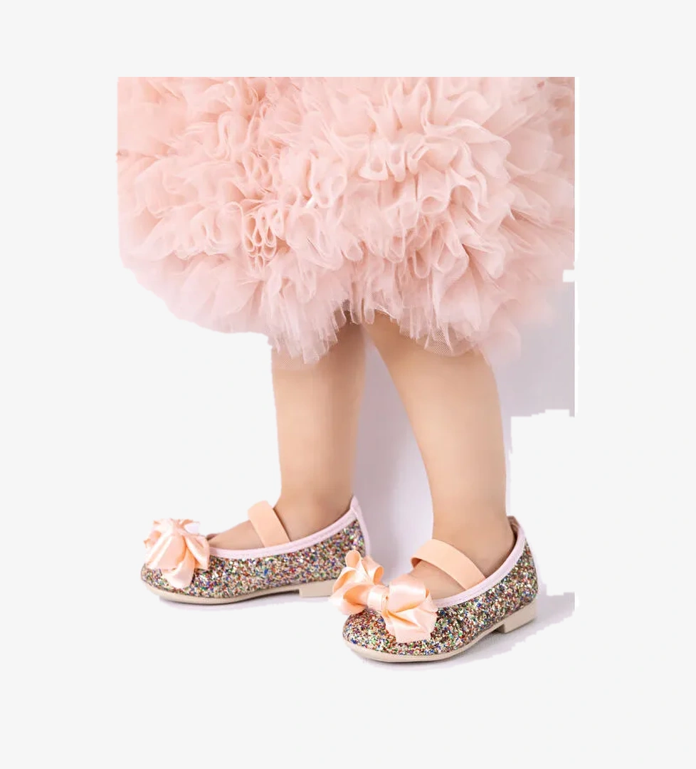 Yavruağzı Fiyonklu Simli Kız Çocuk Ayakkabı - Görsel 1