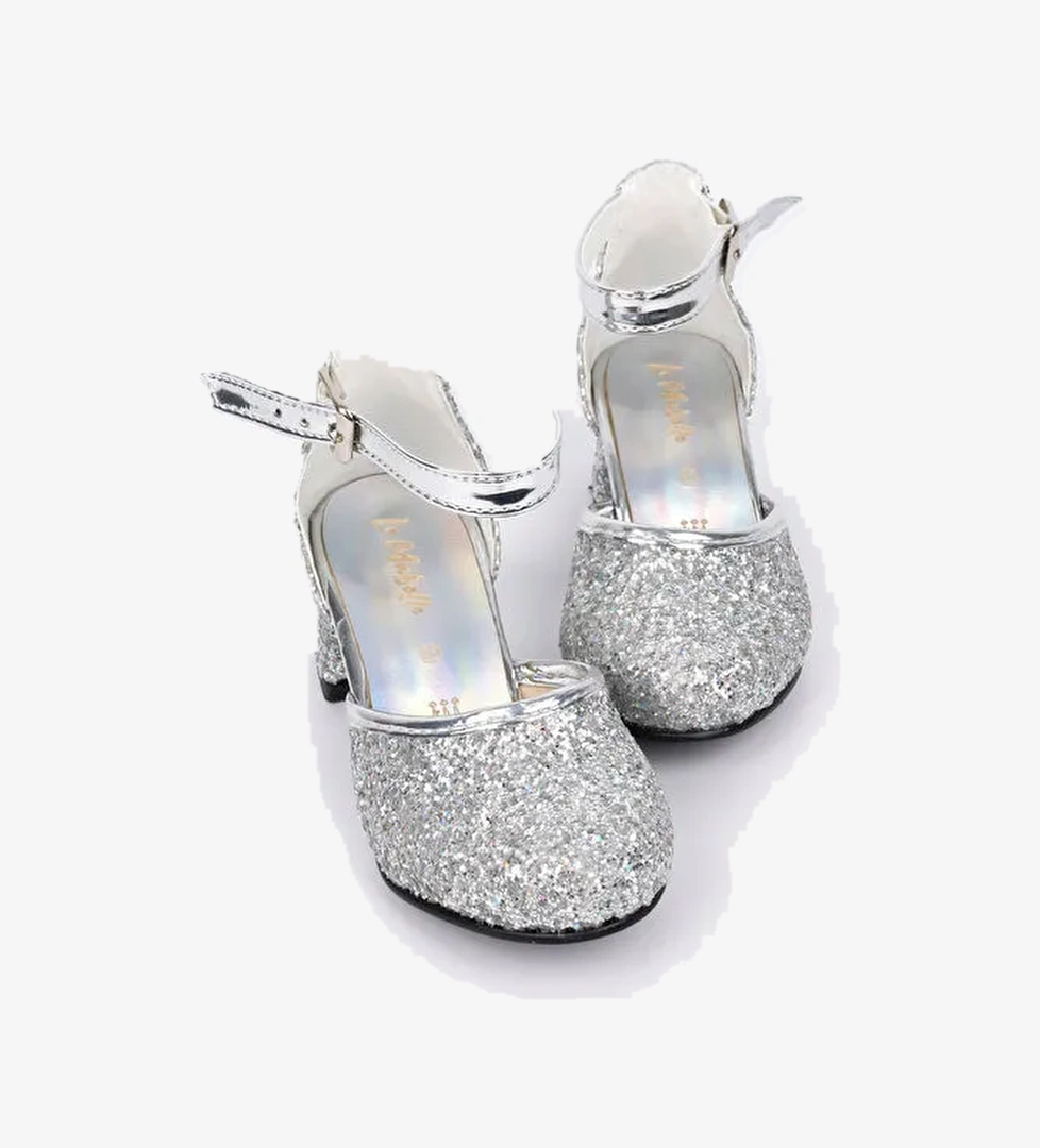 Gümüş Simli Topuklu Kız Çocuk Ayakkabı - Görsel 1