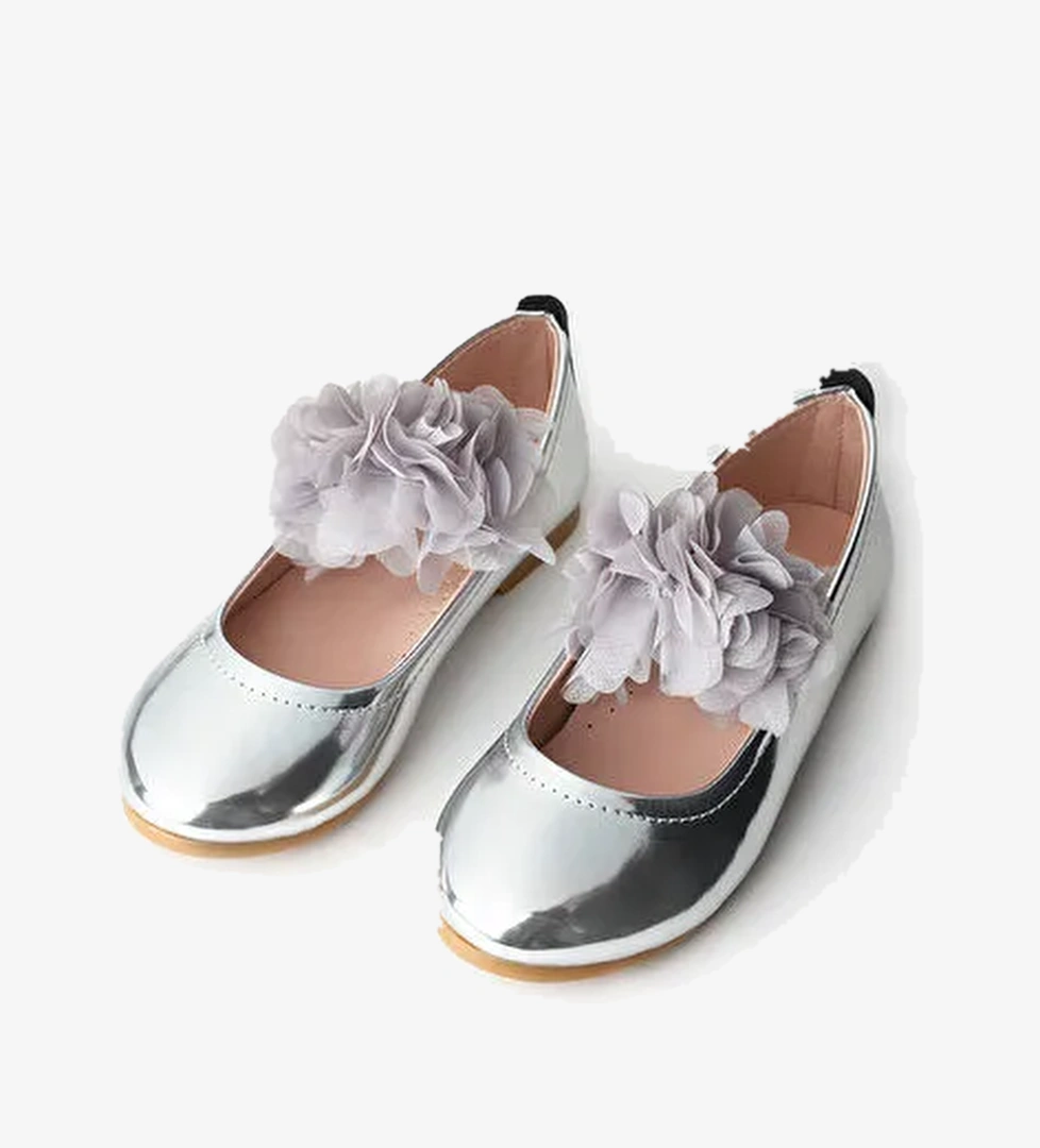 Gümüş Tül Çiçekli Kız Çocuk Ayakkabı - Görsel 1