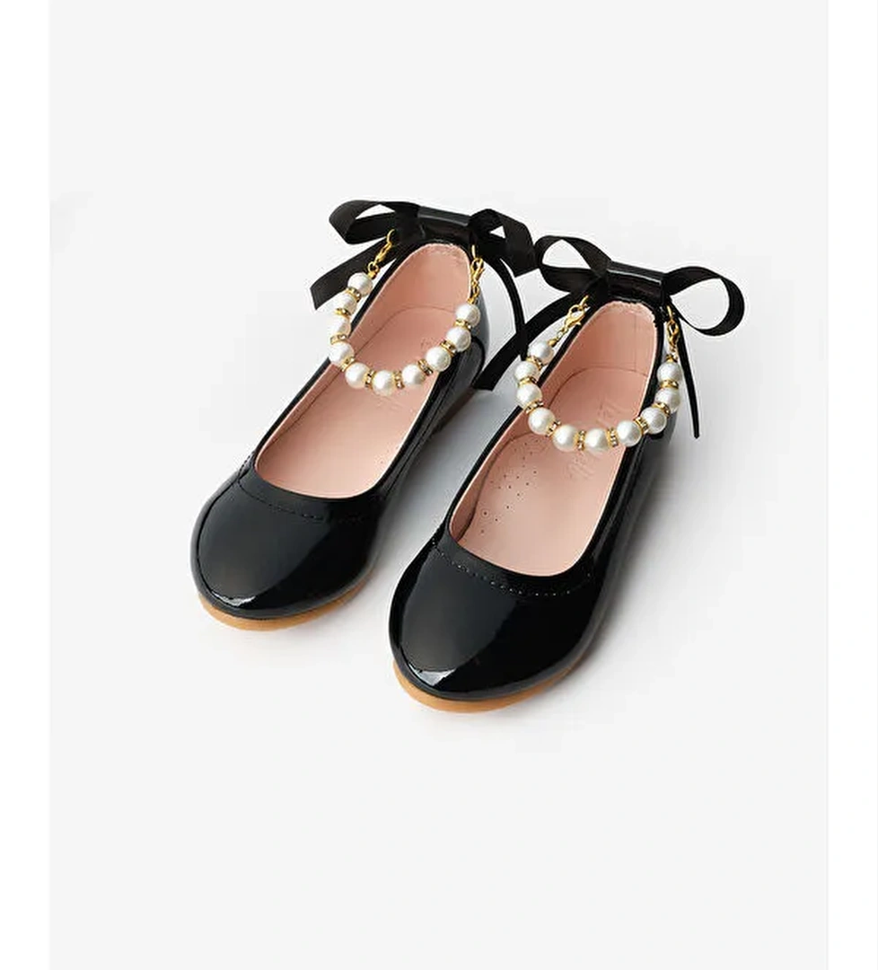 Siyah İncili Topuğu Fiyonklu Kız Çocuk Ayakkabı - Görsel 1