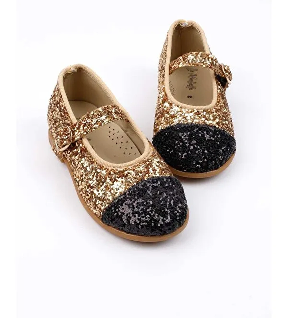 Altın Pullu Tokalı Kız Çocuk Ayakkabı - Görsel 1