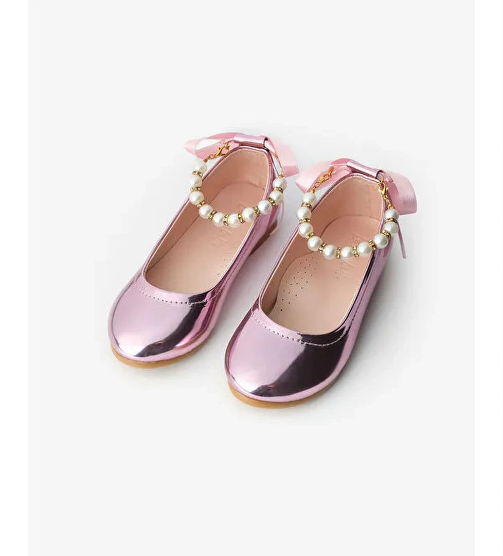 Pembe İncili Topuğu Fiyonklu Kız Çocuk Ayakkabı