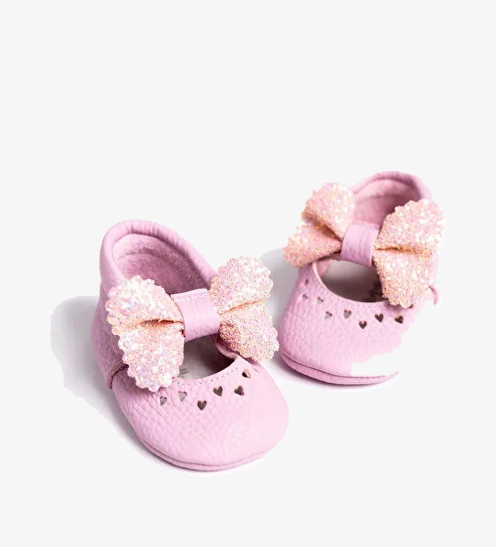 Pembe Pullu Fiyonklu Deri Kız Bebek Makosen - Görsel 1