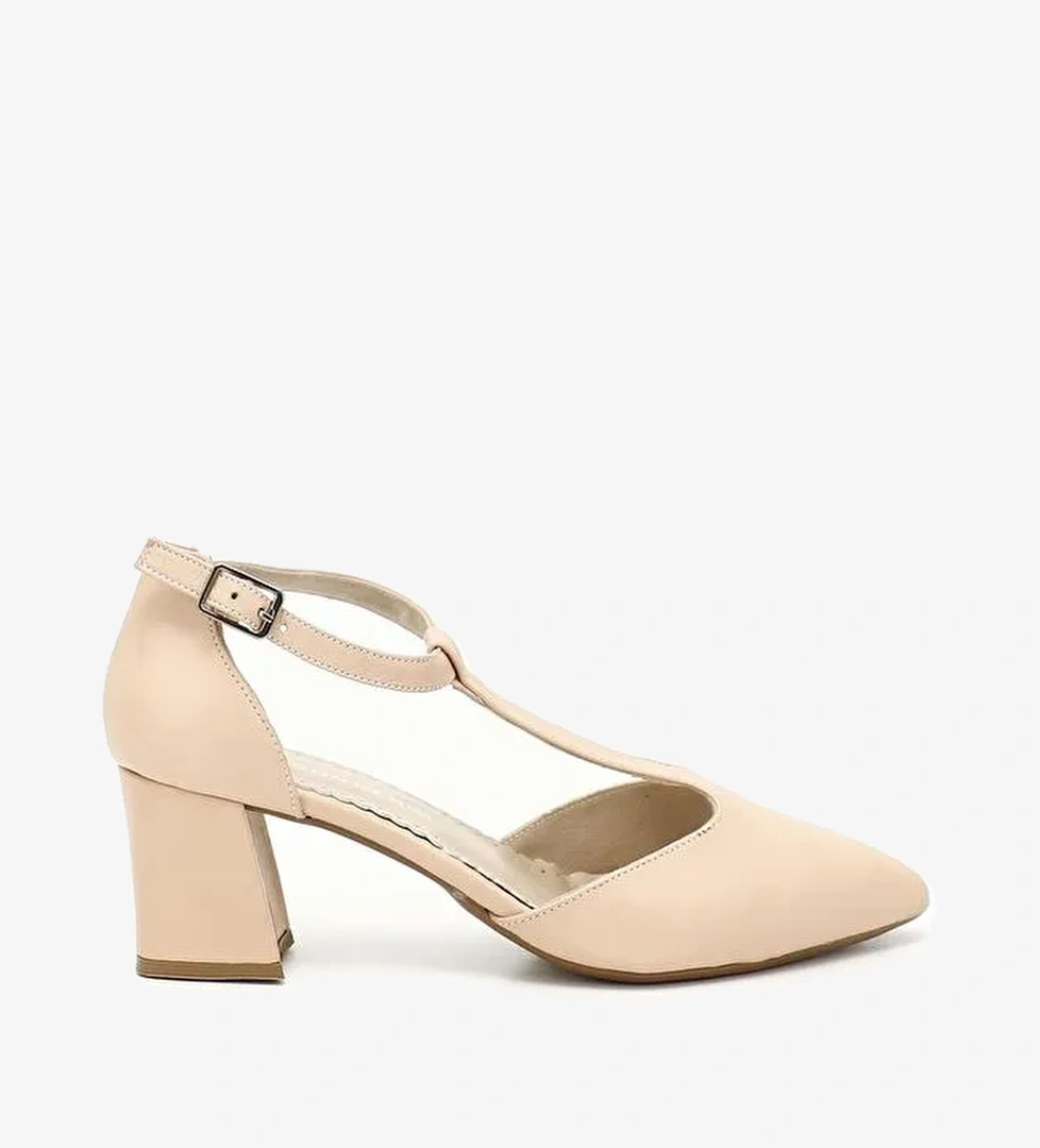 Gonderi(r) Bej Gonderi(r) Hakiki Deri Sivri Burun Bilek Bağlı Orta Kalın Topuklu Kadın Ayakkabı 24182