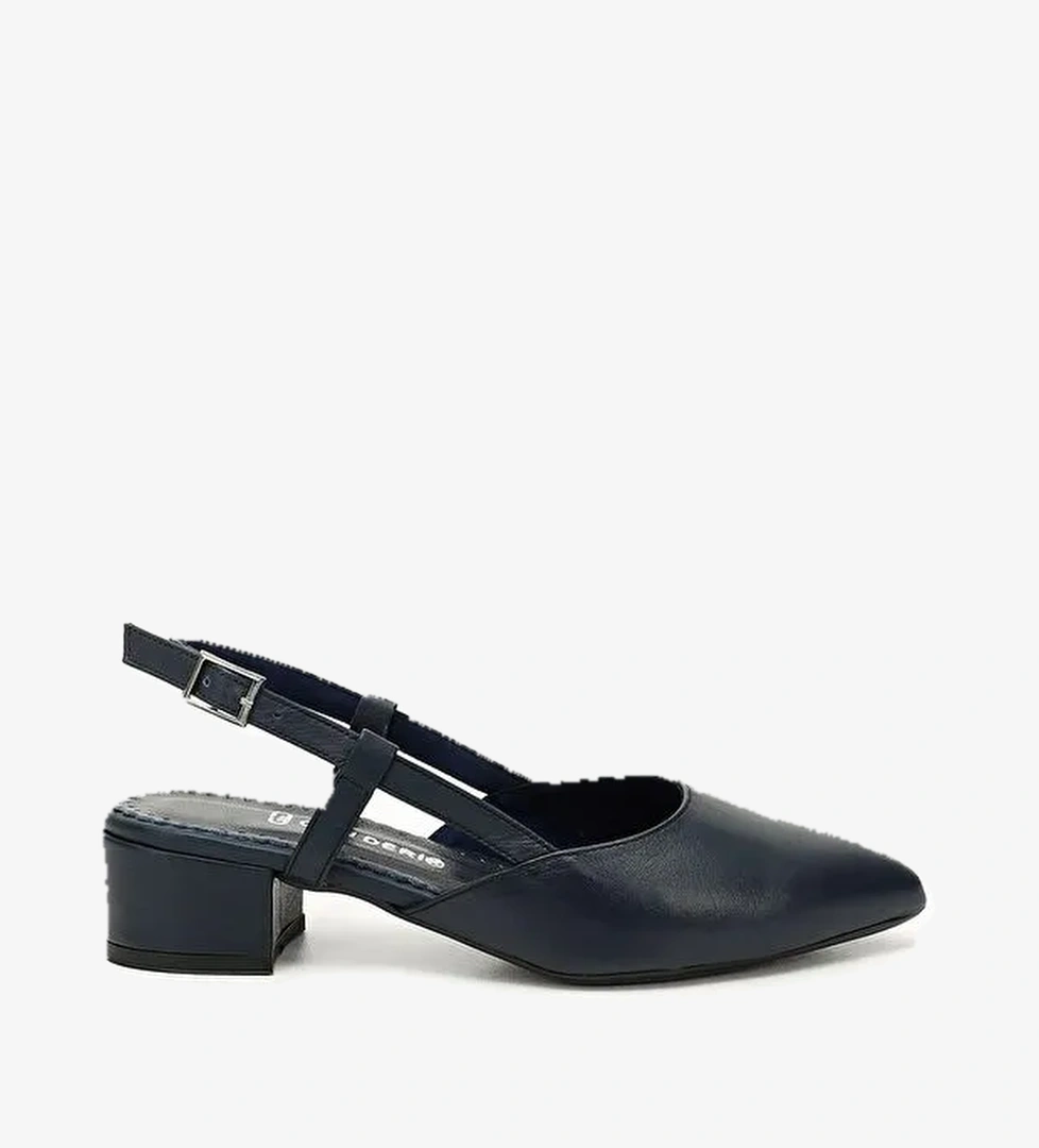 AÇIK LACİVERT Hakiki Deri Sivri Burun Kısa Kalın Topuklu Arkası Açık Kadın Yazlık Ayakkabı 24257 - Görsel 1