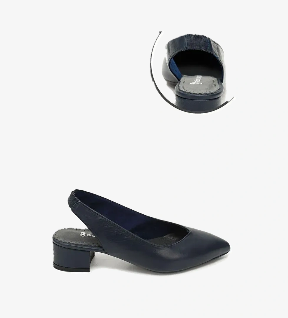 AÇIK LACİVERT Hakiki Deri Sivri Burun Kısa Kalın Topuklu Arkası Açık Kadın Yazlık Ayakkabı 24258