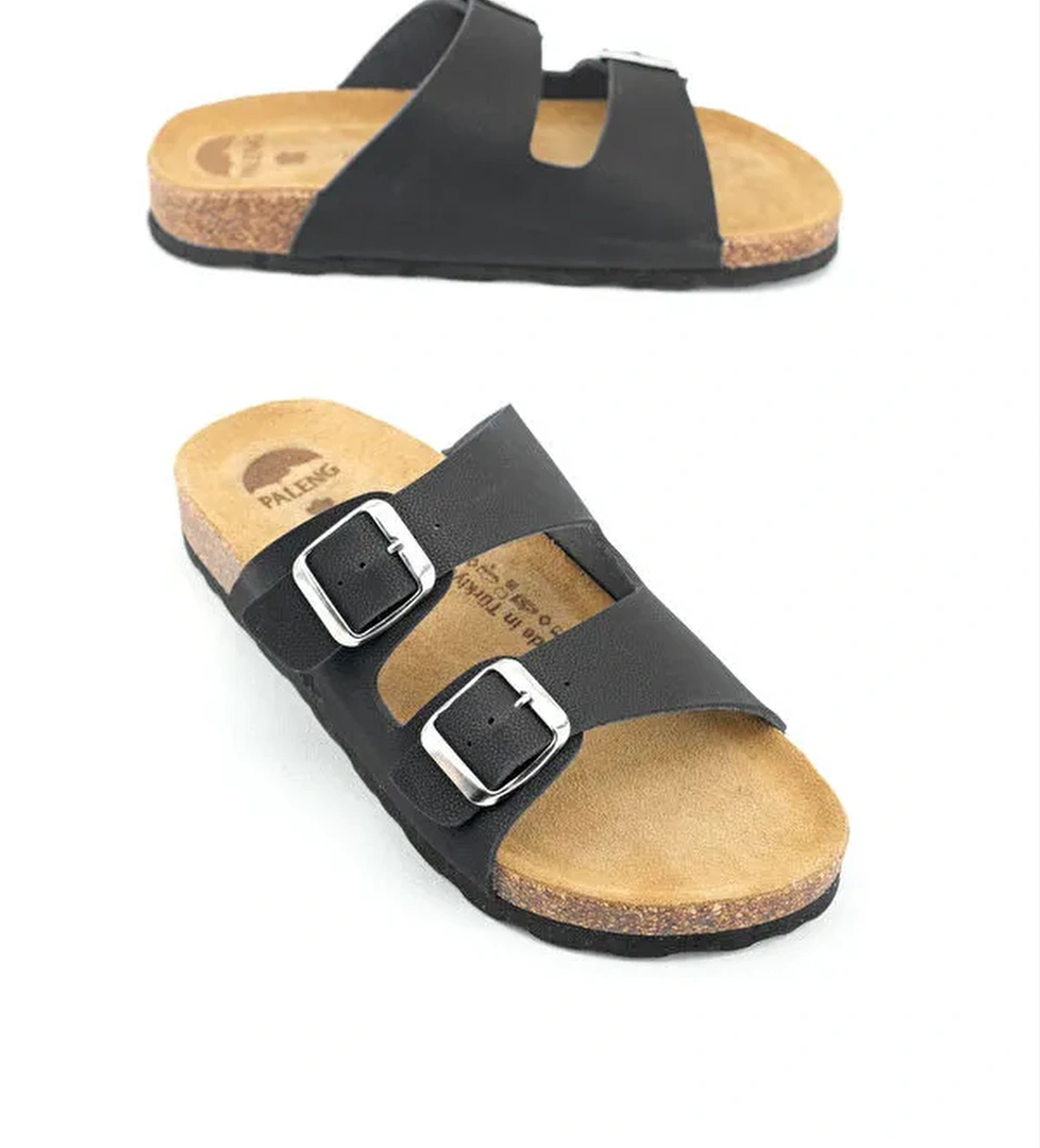 Yazlık Kadın İç Taban Hakiki Deri Çift Toka Ayarlanabilir Mantar Taban Günlük Terlik - Görsel 1