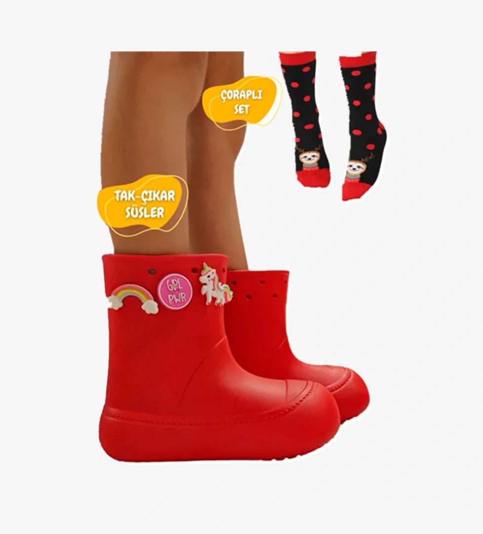 Kırmızı Yağmur Botu + Geyikli+Çorap Set - Görsel 1