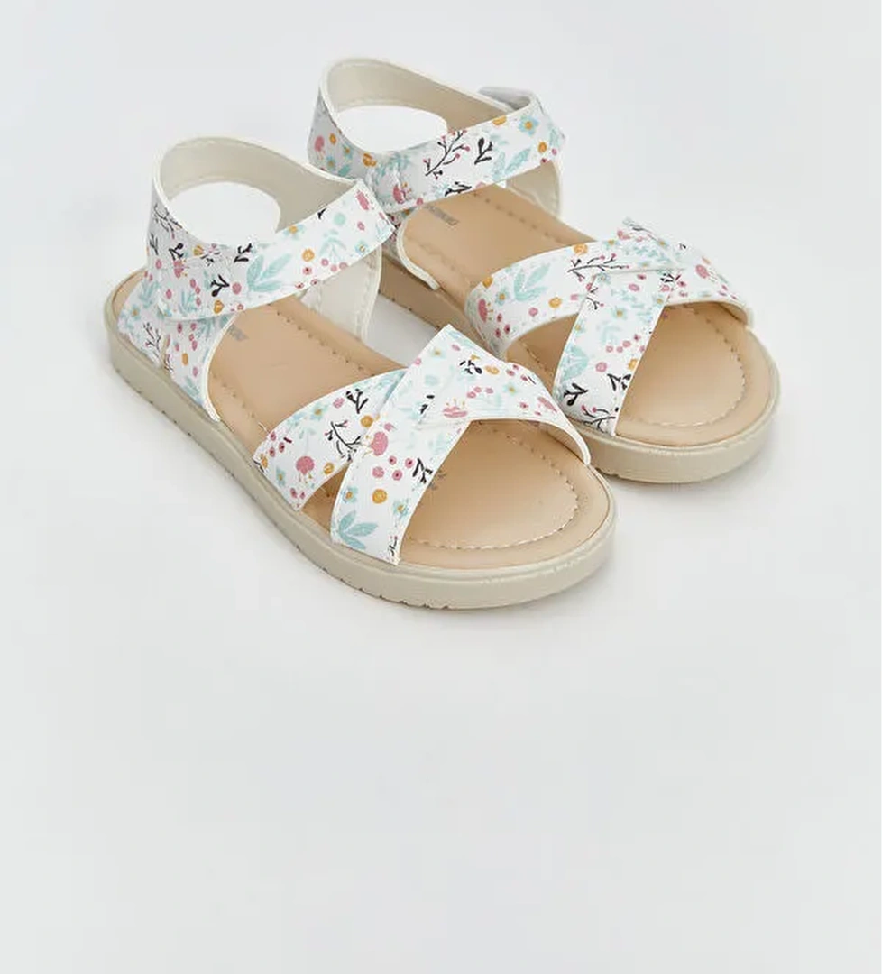 Çiçekli Cırt Cırtlı Kız Çocuk Sandalet - Görsel 1