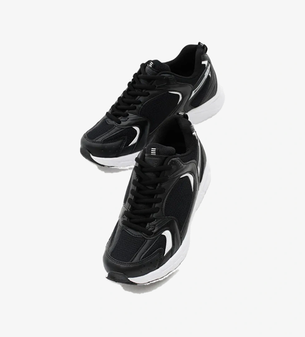 Unisex Siyah Beyaz Rahat Kalıp Faylon Taban Bağcıklı Spor Ayakkabı