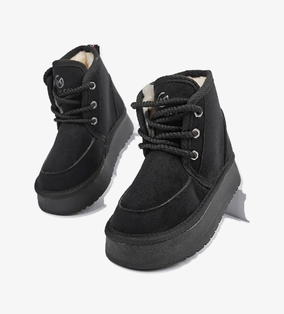 PUFFY Kalın Taban İçi Tüylü Bağcıklı Günlük Mini Yarım Çocuk Bot