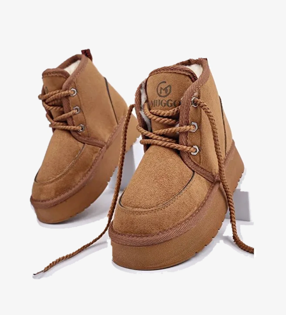 PUFFY Kalın Taban İçi Tüylü Bağcıklı Günlük Mini Yarım Çocuk Bot