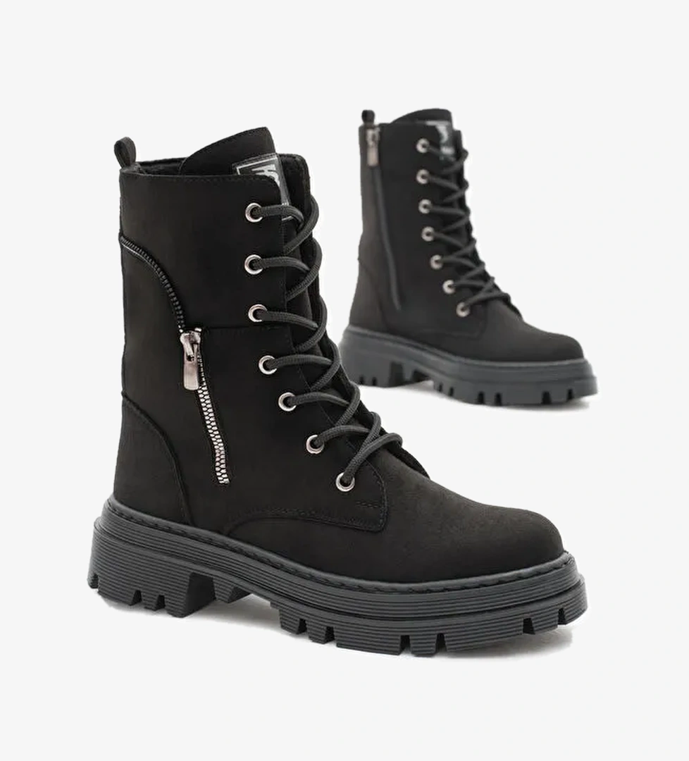 Kadın Siyah Süet Termo Taban Yanı Fermuar Desenli Bağcıklı ve Fermuarlı Bot - Görsel 1