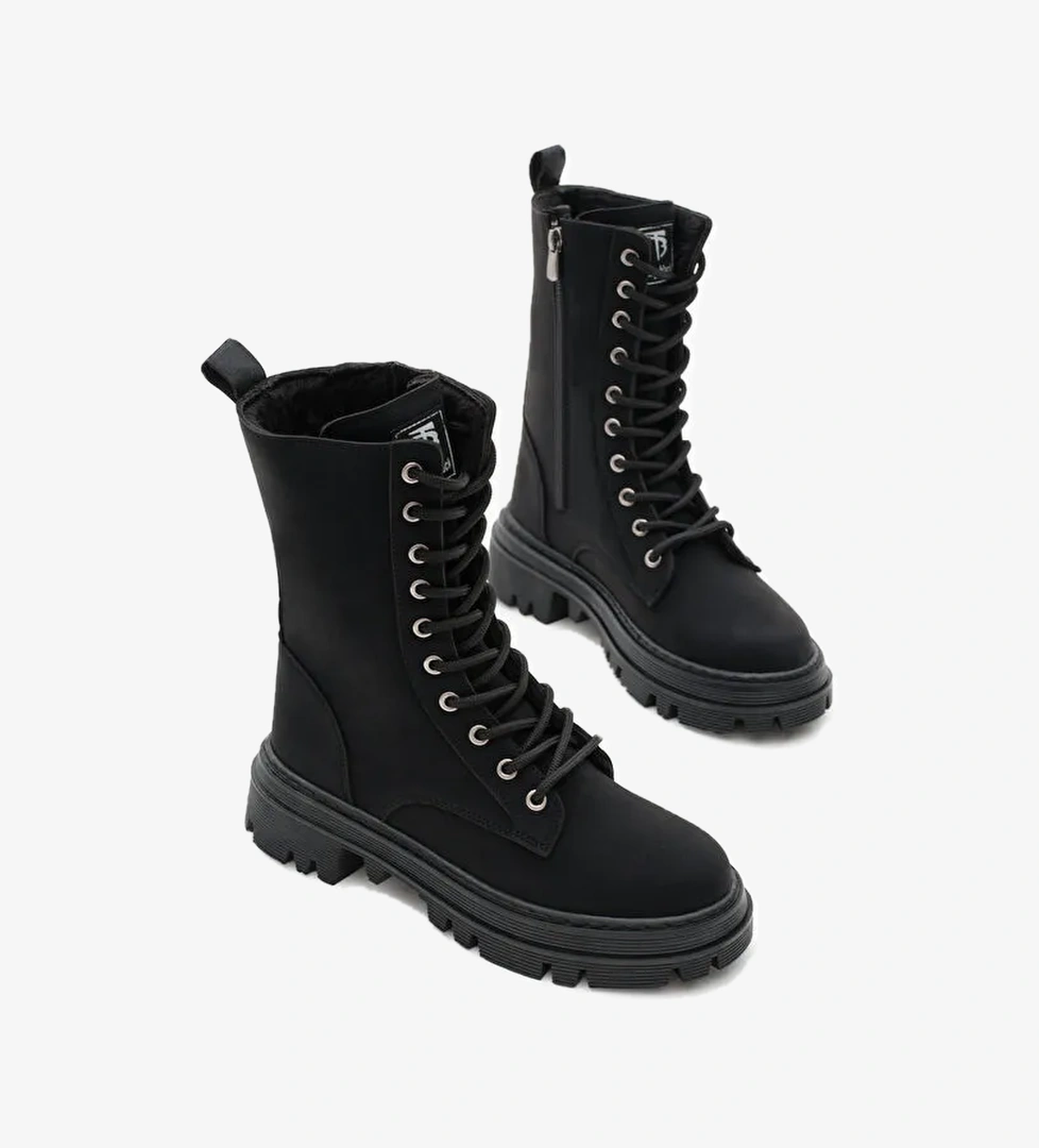 Kadın Siyah Mat Termo Taban Yanı Çift Tokalı Bağcıklı ve Fermuarlı Bot