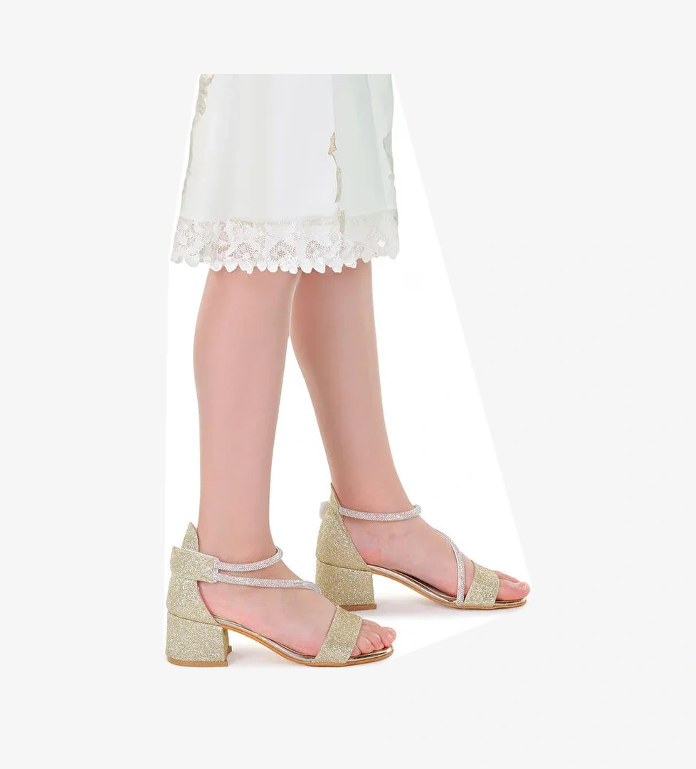 Pisar Kum Simli Günlük Kız Çocuk 4 Cm Topuklu Sandalet Abiye Ayakkabı - Görsel 1