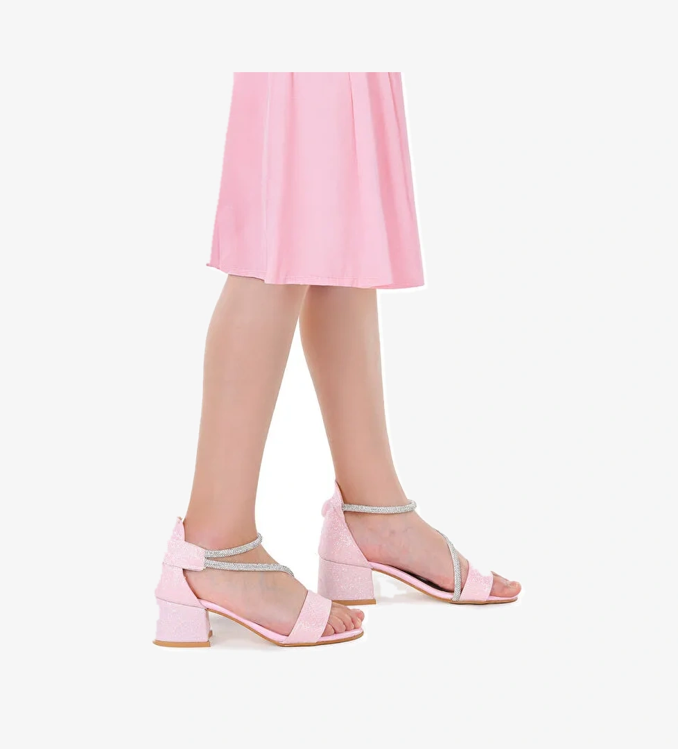 Pisar Kum Simli Günlük Kız Çocuk 4 Cm Topuklu Sandalet Abiye Ayakkabı - Görsel 1