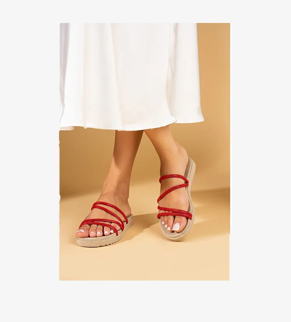 Parlak Taşlı İnce Bantlı Hasır Taban Comfort Kadın Sandalet - Görsel 1