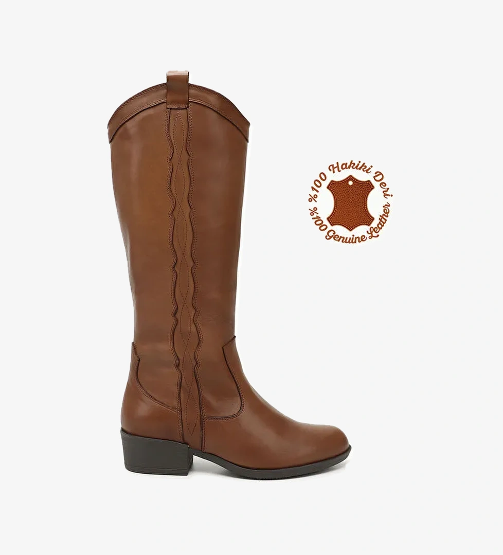 Kadın TABA Fermuarlı Kalın Topuklu Hakiki Deri Kovboy Çizme - Görsel 1
