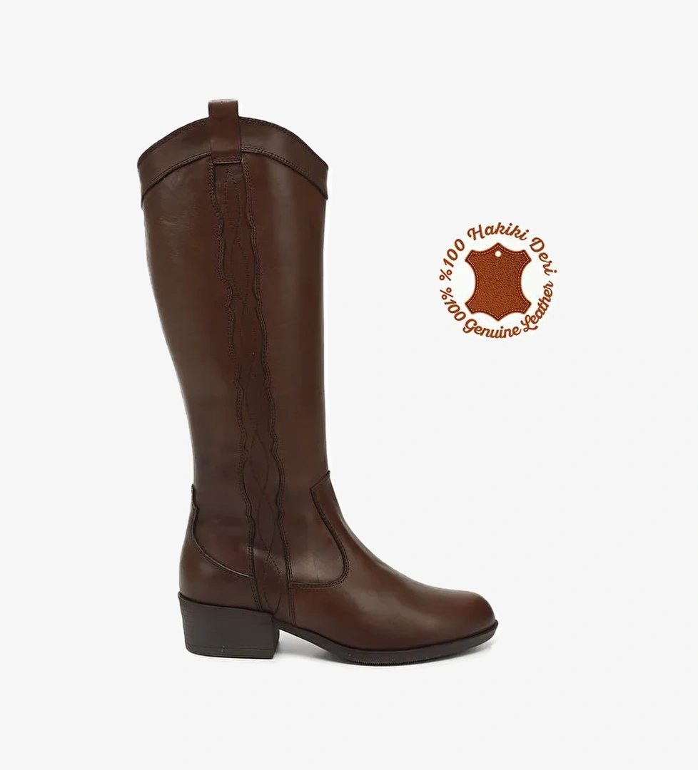 Kadın ORTA KAHVERENGİ Fermuarlı Kalın Topuklu Hakiki Deri Kovboy Çizme