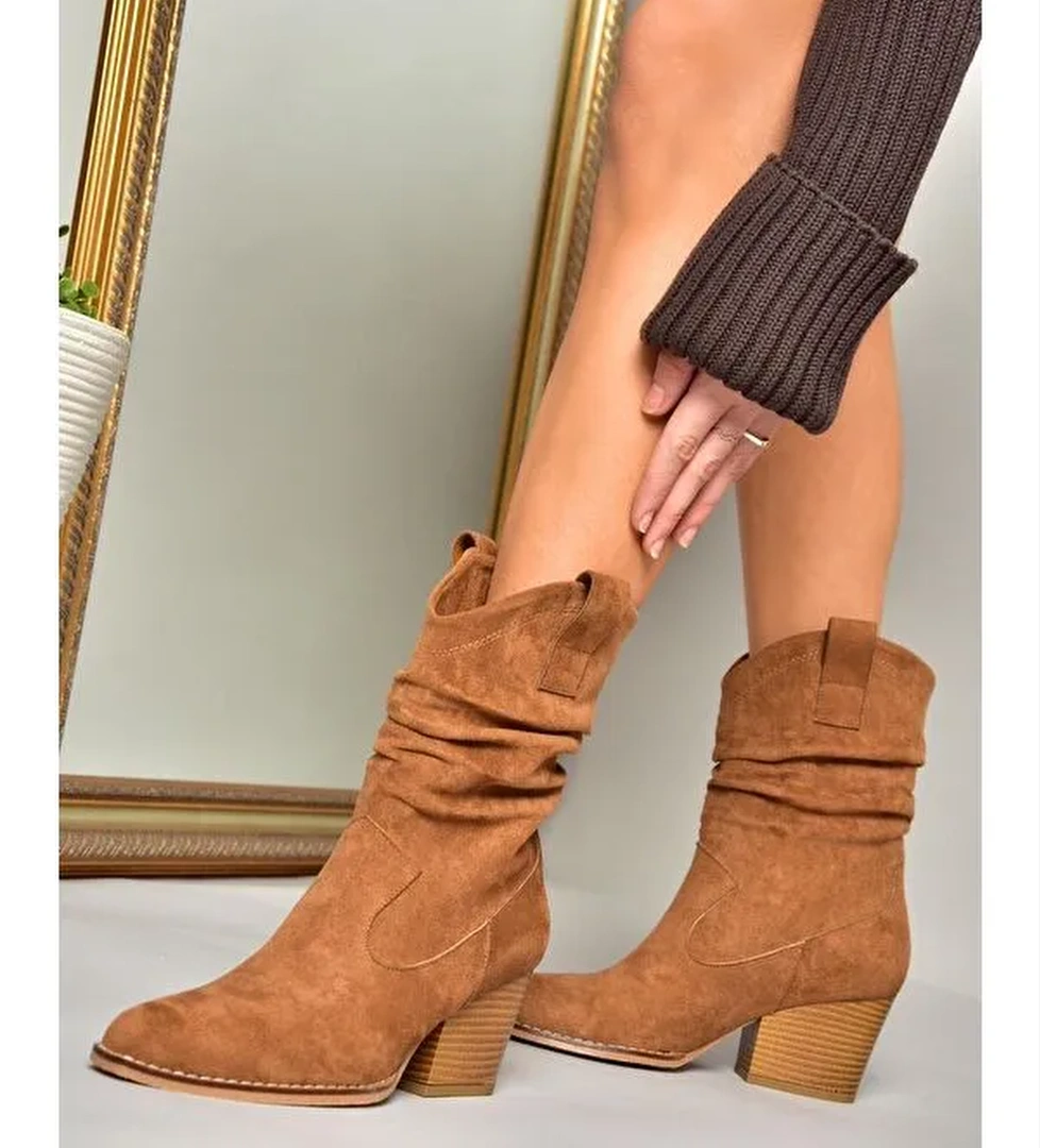 T296713002 Taba Süet Kalın Topuklu Kadın Bot