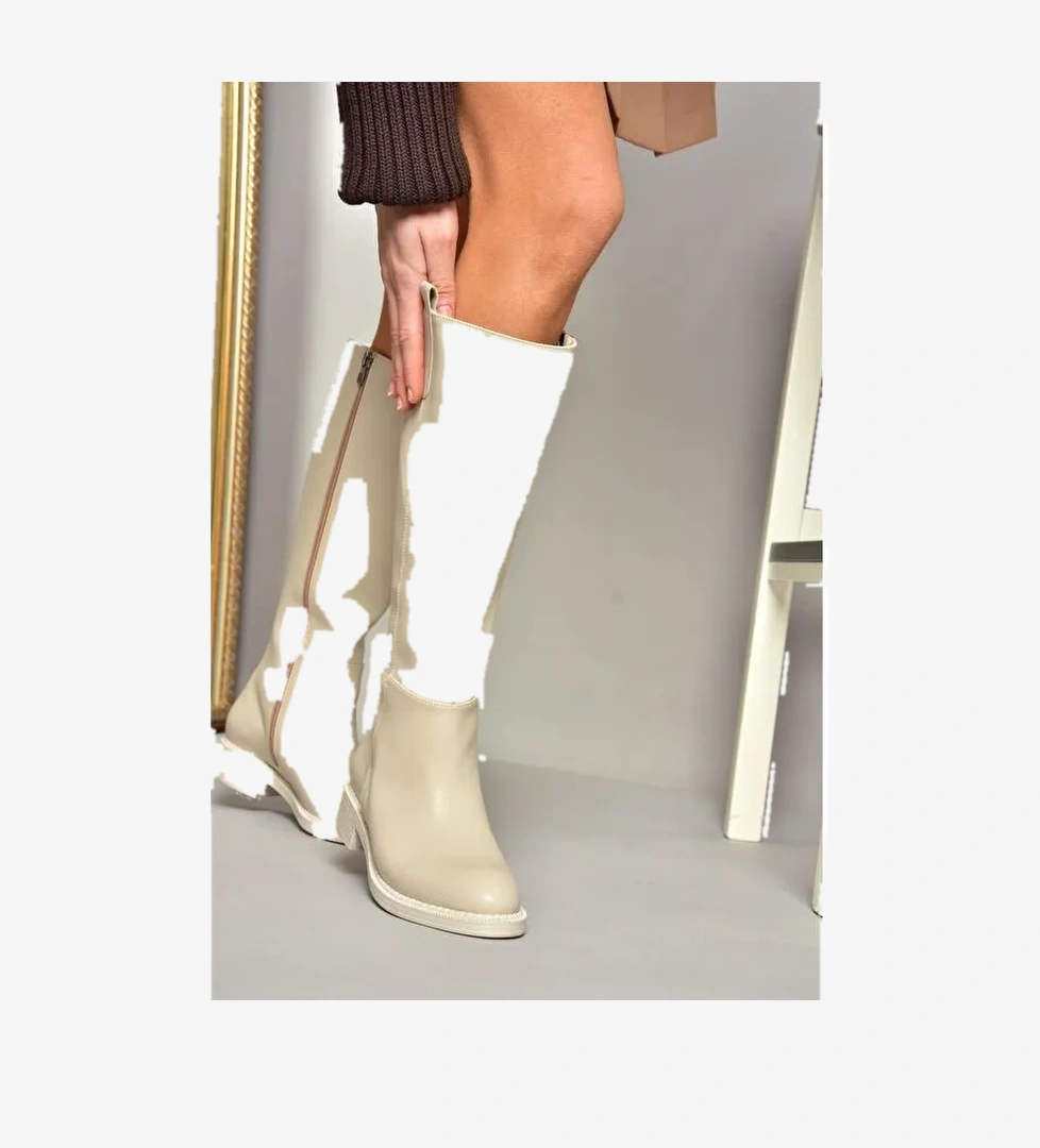 Fox Shoes T5909620 T590962009 Siyah Bej Alçak Topuklu Kadın Çizme model görseli