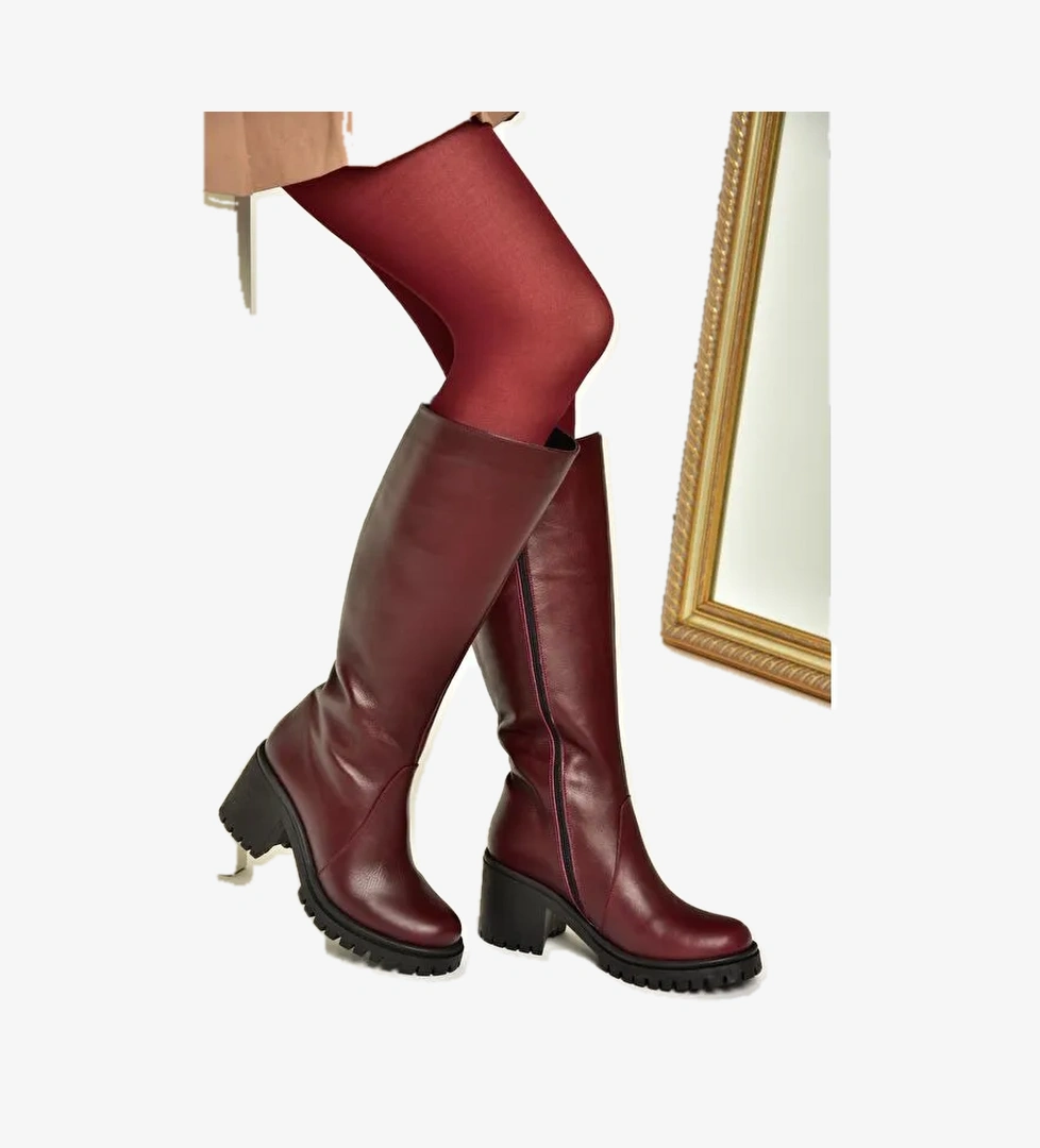 R6540477 Bordo Hakiki Deri Kadın Çizme
