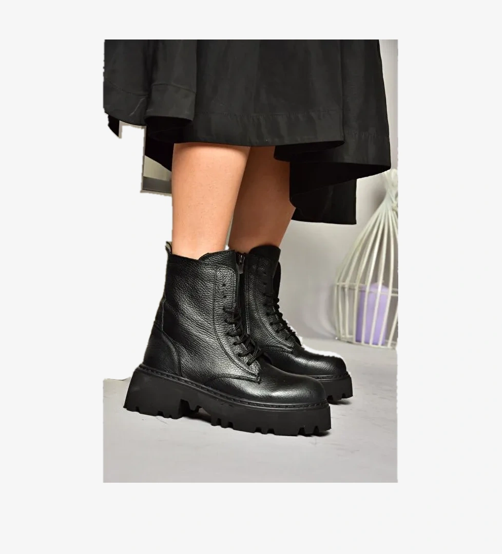 T3801700 Siyah Hakiki Deri Kadın Bot - Görsel 1