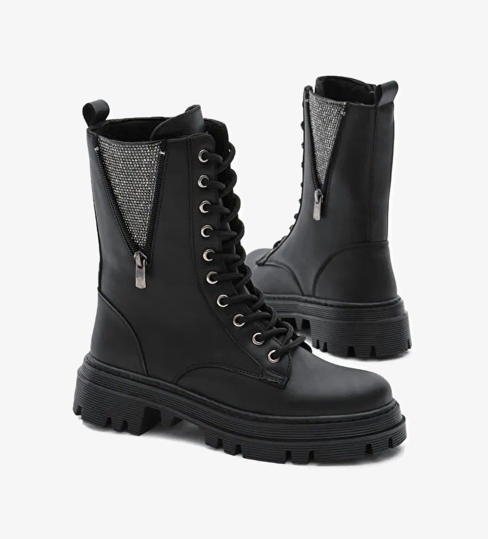 Kadın Siyah Cilt Termo Taban Yanı Taşlı Detaylı Bağcıklı ve Fermuarlı Bot - Görsel 1