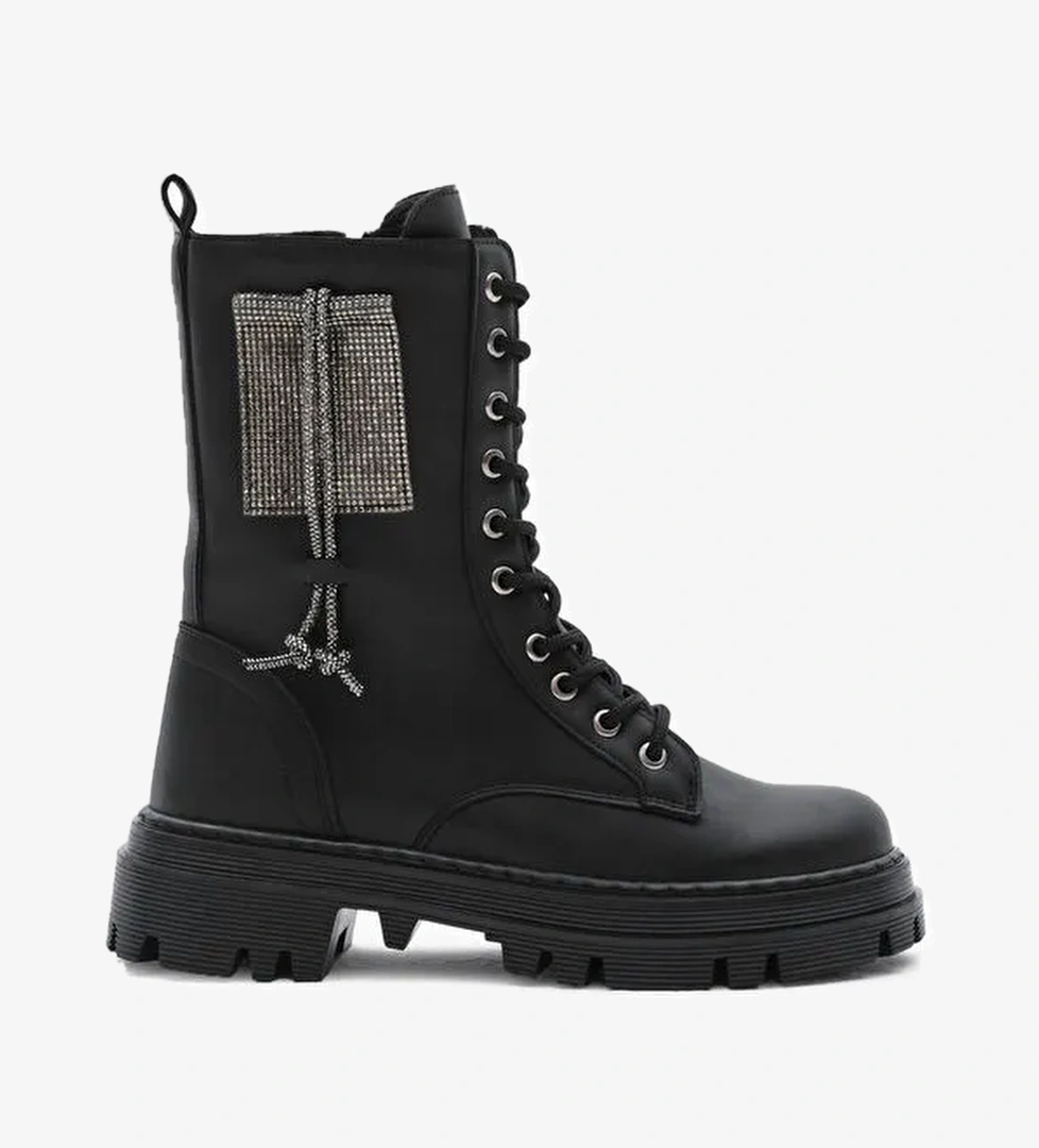 Tonny Black Siyah Tonny Black Cilt Termo Kadın Taban Yanı Taşlı Bağcıklı ve Fermuarlı Bot