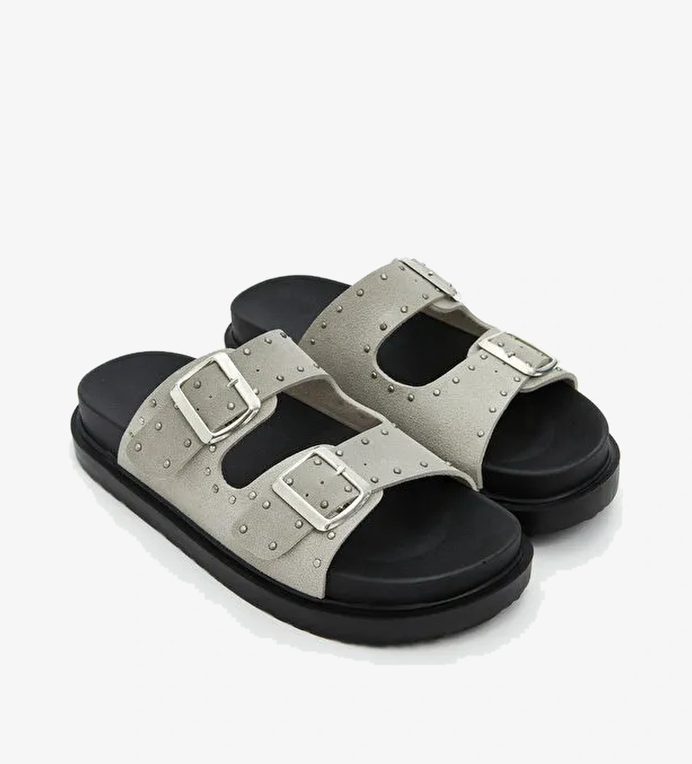 Deri Görünümlü Taşlı Kadın Terlik - Görsel 1