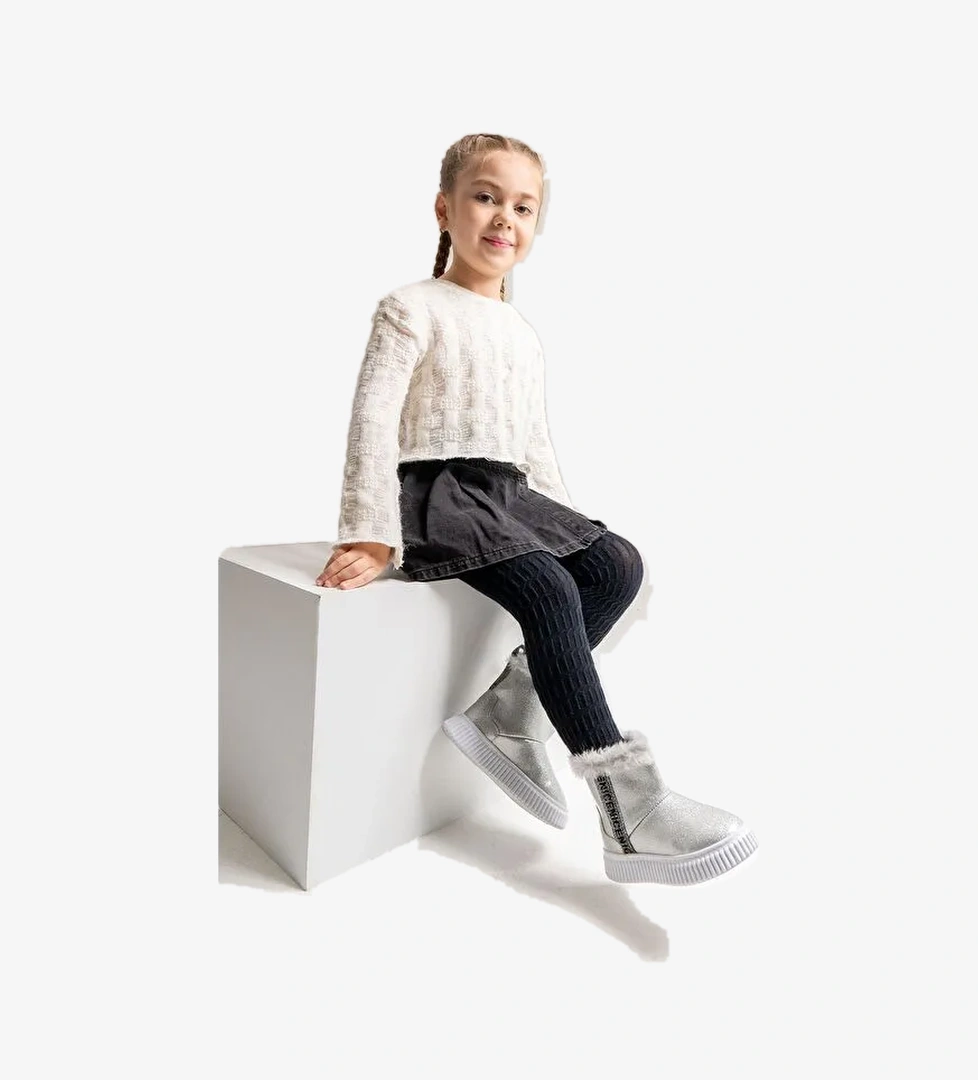 Kız Çocuk Gümüş Simli Suni Deri Kürklü Anatomik Kar Botu