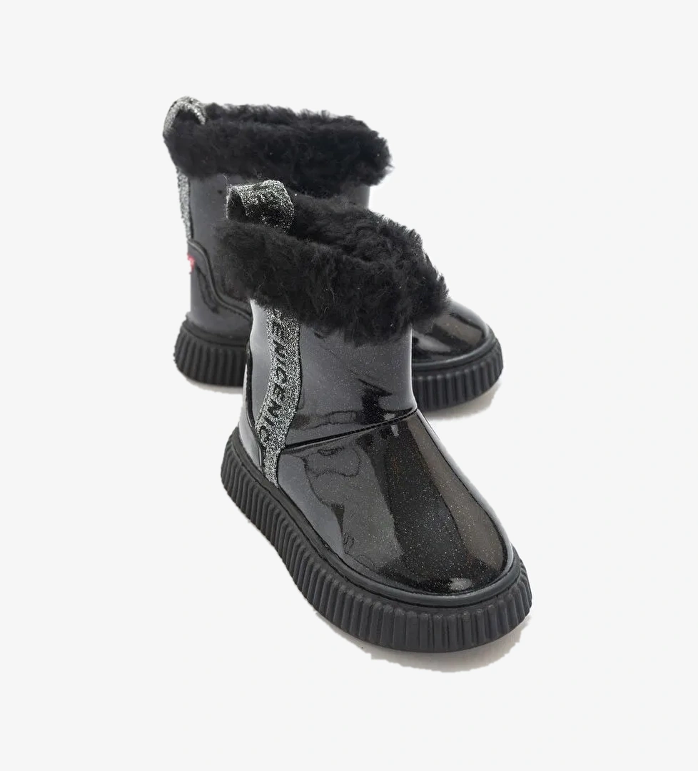 Kız Çocuk Siyah Simli Suni Deri Kürklü Anatomik Kar Botu