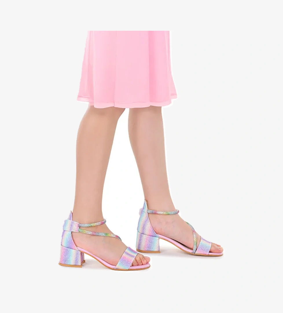 Pisar Kum Simli Günlük Kız Çocuk 4 Cm Topuklu Sandalet Abiye Ayakkabı - Görsel 1