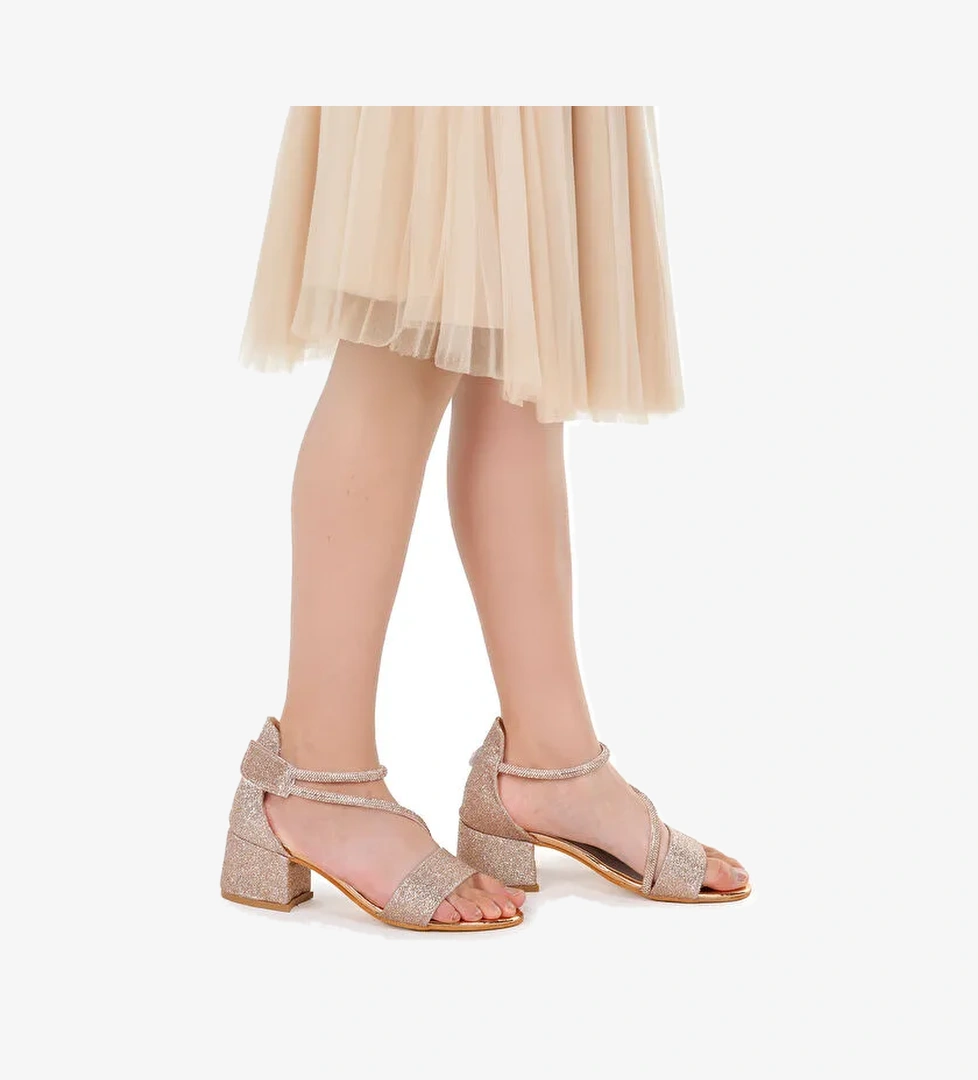 Pisar Kum Simli Günlük Kız Çocuk 4 Cm Topuklu Sandalet Abiye Ayakkabı - Görsel 1