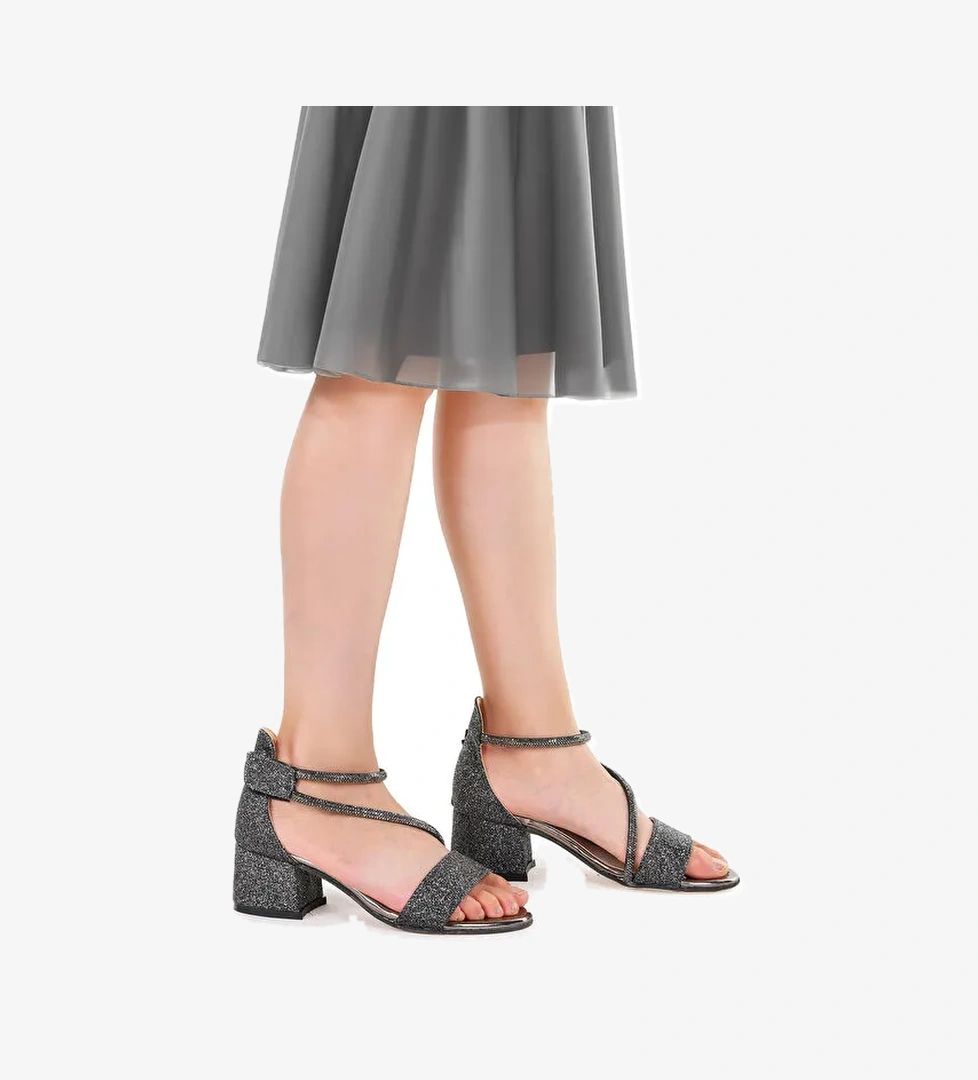 Pisar Kum Simli Günlük Kız Çocuk 4 Cm Topuklu Sandalet Abiye Ayakkabı - Görsel 1