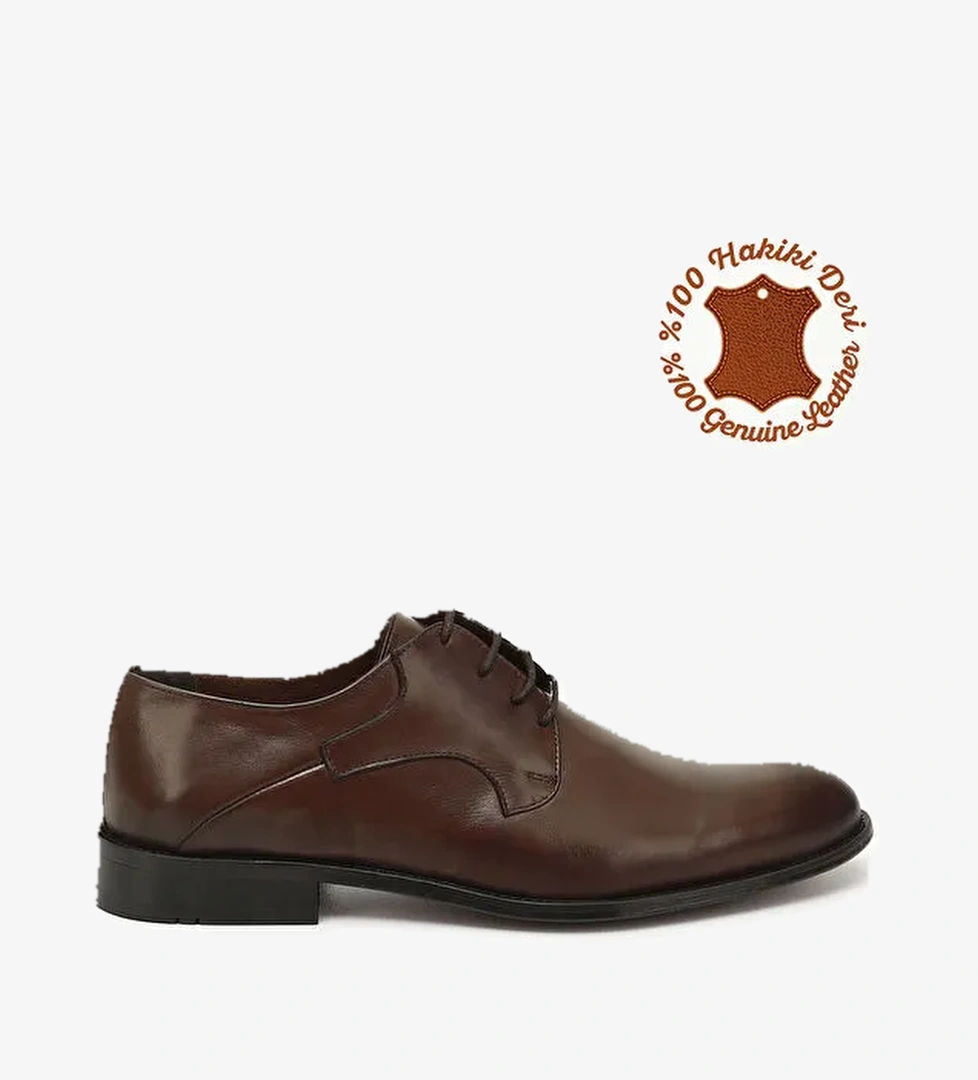 ORTA KAHVERENGİ Platinum Hakiki Deri Yuvarlak Burun Kösele Taban Bağcıklı Baskılı Erkek Ayakkabı 01 - Görsel 1