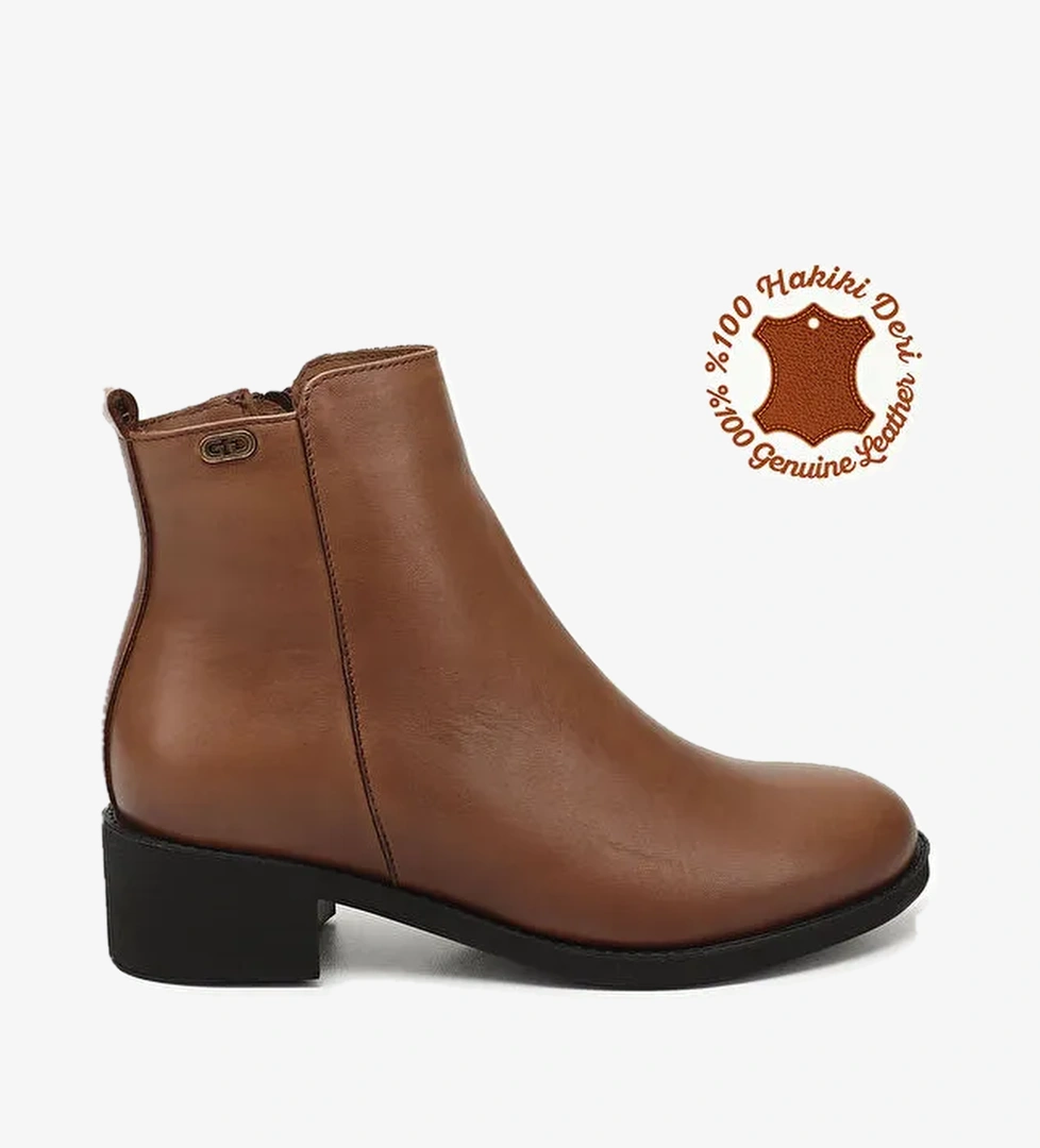 TABA Hakiki Deri Yuvarlak Burunlu Topuklu Fermuarlı Kadın Günlük Bot 52492 - Görsel 1