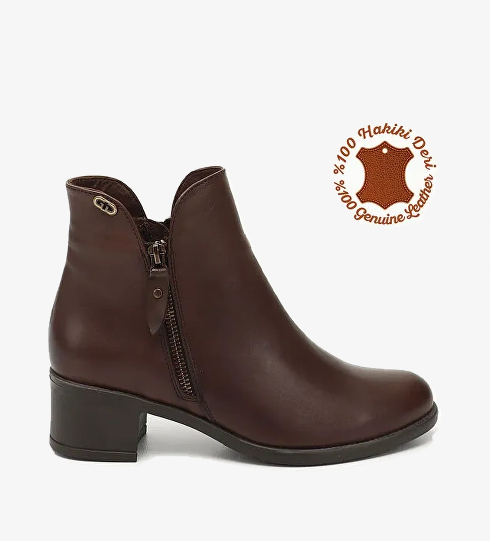 Kadın ORTA KAHVERENGİ Çift Fermuarlı Kalın Topuklu Hakiki Deri Bot - Görsel 1
