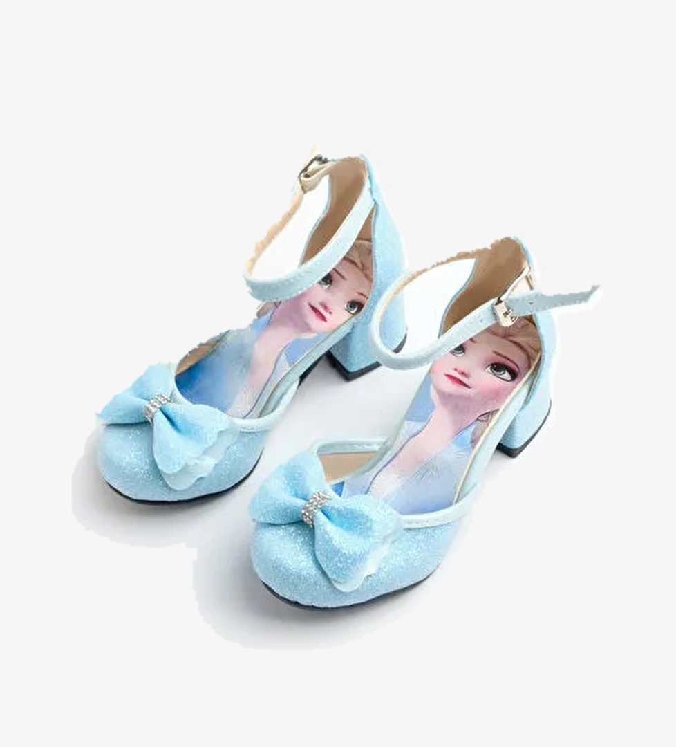 Mavi Simli Fiyonklu Kız Çocuk Topuklu Ayakkabı