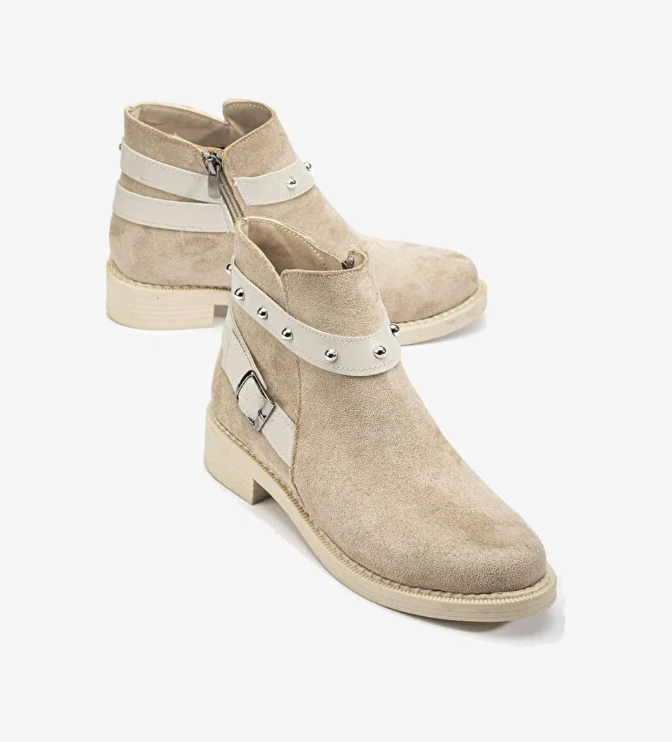 Kadın Ten Süet Termo Taban Tokalı Yanı Fermuarlı Kısa Topuklu Bot - Görsel 1