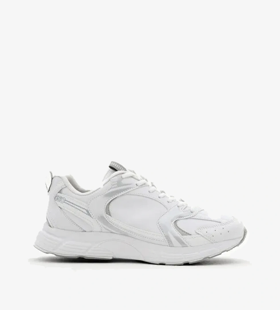 Unisex Beyaz Gümüş Cilt Rahat Kalıp Faylon Taban Bağcıklı Spor Ayakkabı