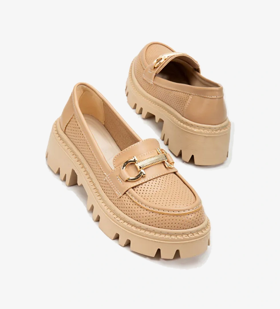 Kadın Nude Cilt Rahat Kalıp Yüksek Poli Taban Önü Tokalı Loafer