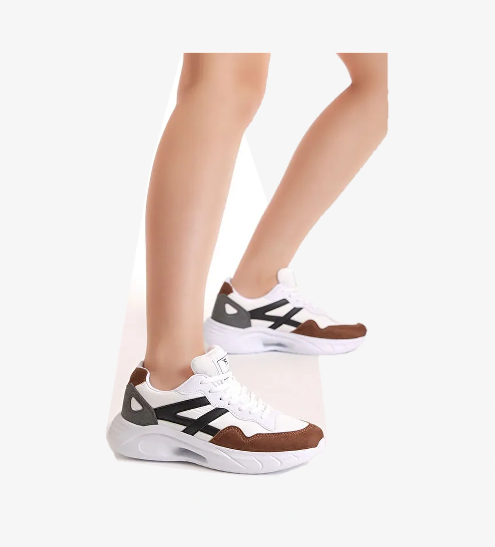 Kadın Beyaz Kahve Faylon Taban Şeritli Bağcıklı Spor Ayakkabı