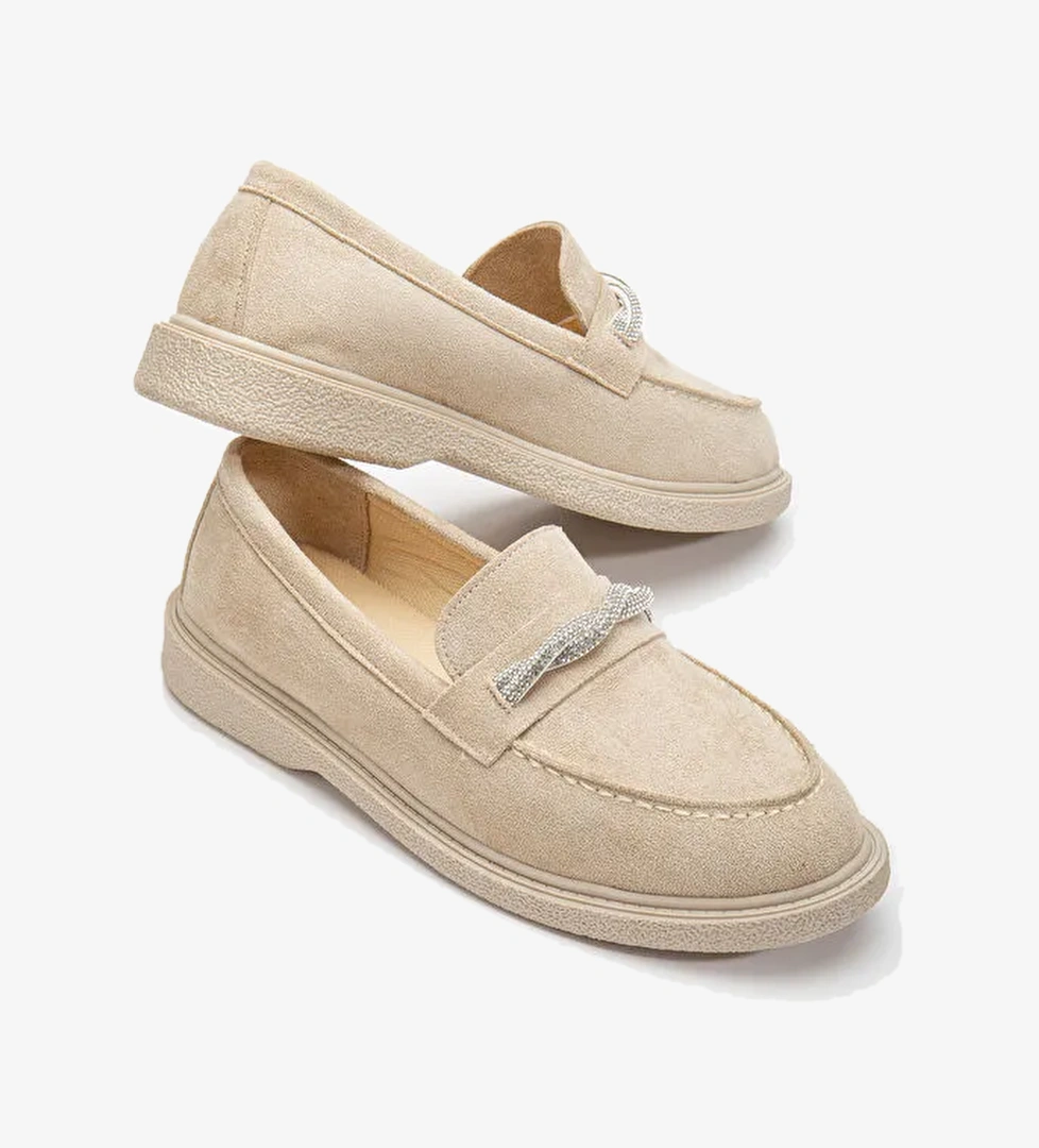 Kadın Ten Süet Rahat Kalıp Önü Sarmal Taşlı Günlük Loafer