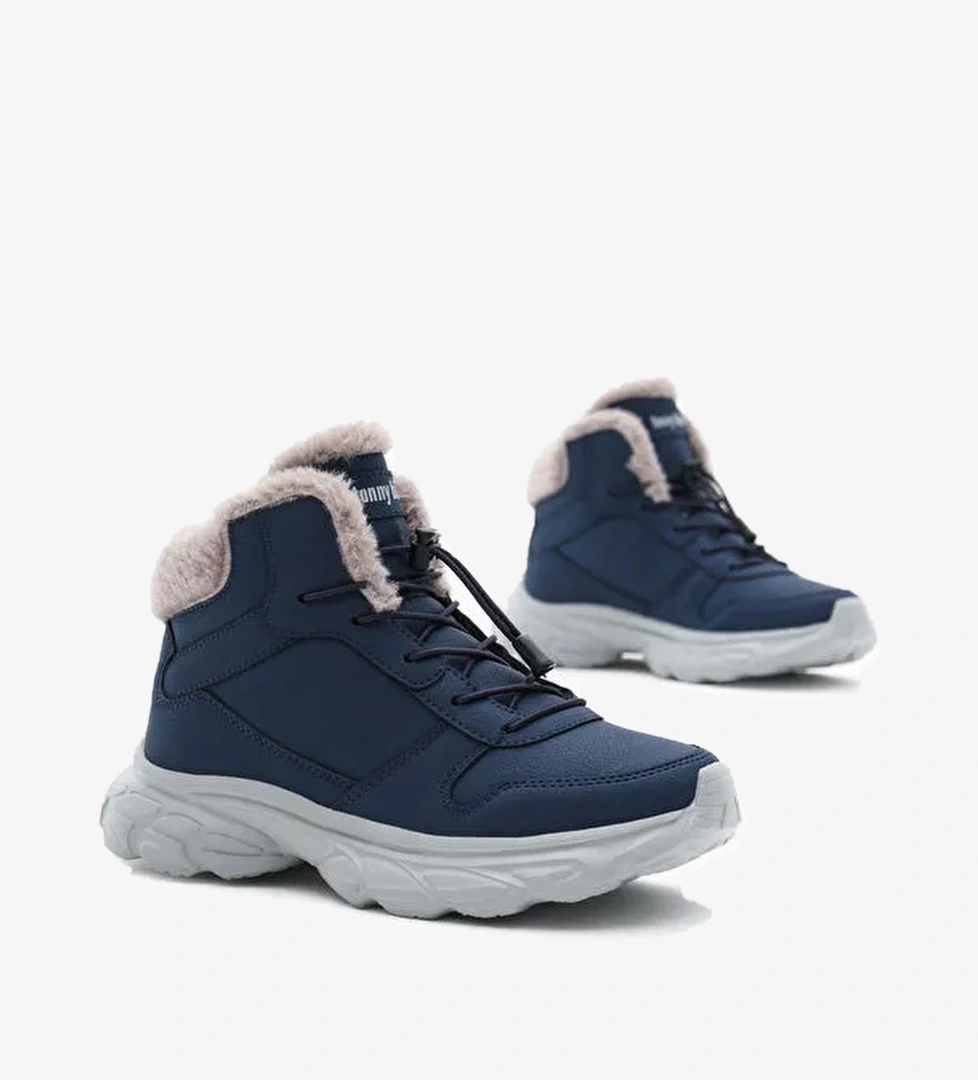 Çocuk Unisex Lacivert Faylon Taban İçi Kürklü Lastik Bağcıklı Bot